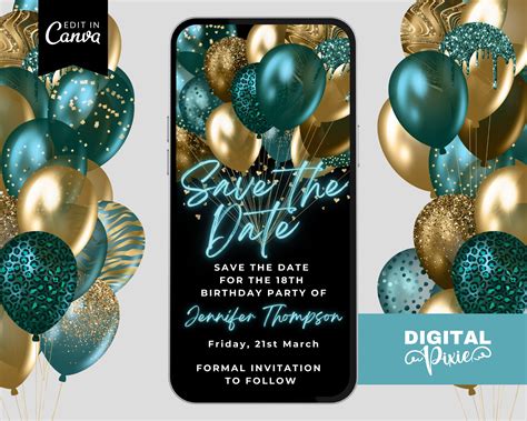 Digital Teal Balloons Save the Date Invitation, Electronic 18th ...