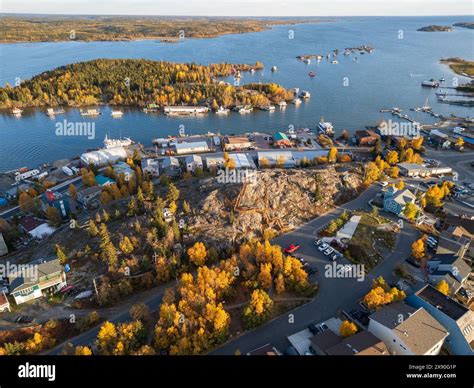 Aerial view of Yellowknife Bay and Old Town in Autumn. Yellowknife ...