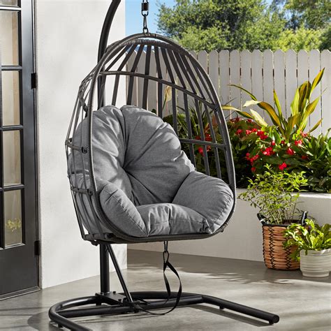 Mainstays Wicker Outdoor Patio Hanging Egg Chair with Gray Olefin ...
