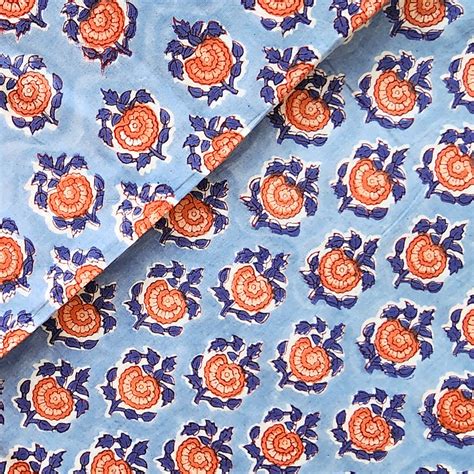 Pure Cotton Jaipuri Blue With Orange Flower Motif Hand Block Print Fab ...