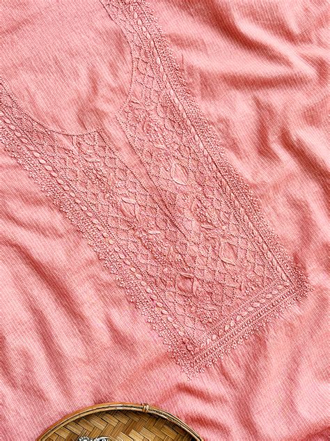 Peach Chanderi Un-stitched Chikankari Kurti Piece with Dupatta
