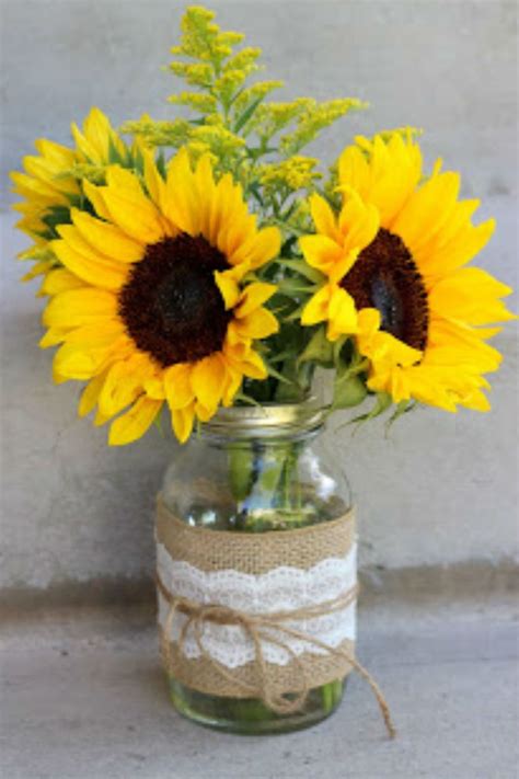 Sunflowers and Lace Arrangment Mason Jar Flower Arrangements, Sunflower ...