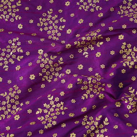 Brinjal Slub Silk Cotton With Gold Zari Flower Cluster Embroidered Fab ...
