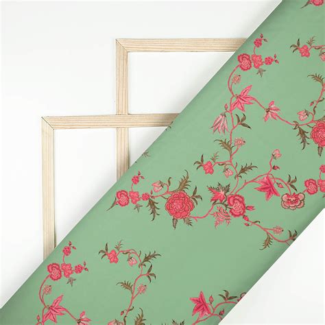 Pastel Green And Magenta Pink Floral Pattern Digital Print Crepe Silk ...