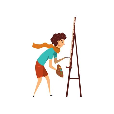 Woman artist character drawing on an easel with paints hobby or ...