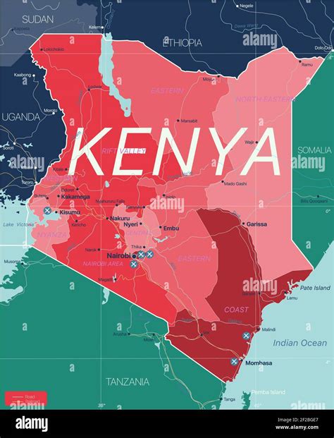 Kenya country detailed editable map with regions cities and towns, roads and railways ...