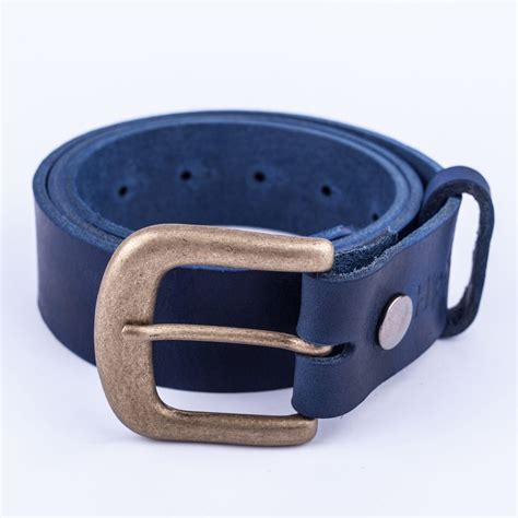 Womens blue leather jeans belt with brushed brass buckle - Hip ...