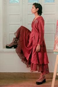 Buy Red , Organza Floral Motif V Shibori Layered Dress For Women by The ...