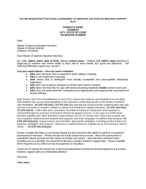 Letter requesting Functional assessment of behavior and positive ...