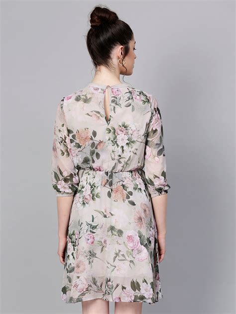 Buy Women Grey & Pista Green Floral Print Fit And Flare Dress - Dresses ...