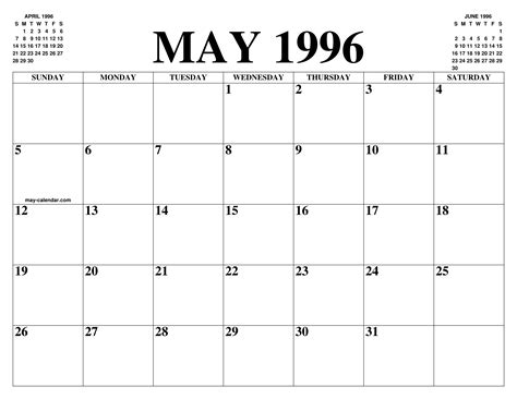MAY 1996 CALENDAR OF THE MONTH: FREE PRINTABLE MAY CALENDAR OF THE YEAR ...