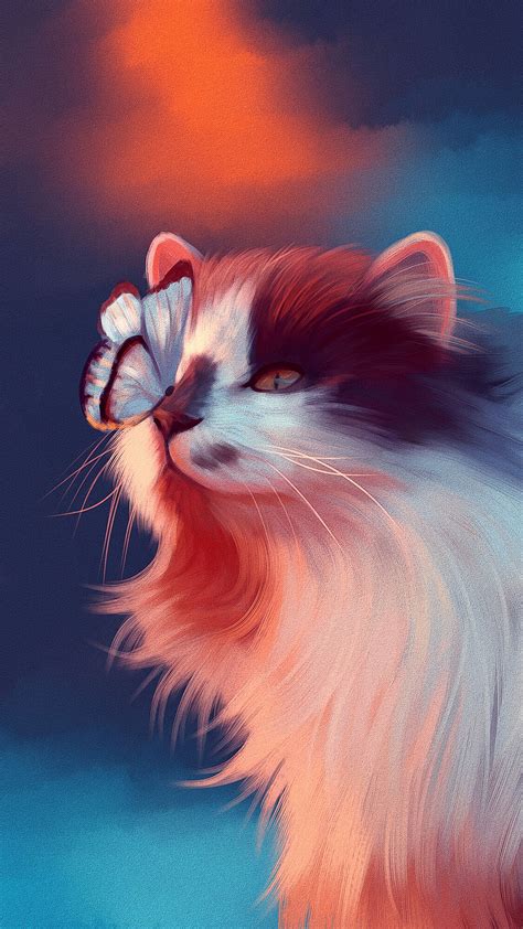 Download wallpaper 2160x3840 cat, butterfly, art, fluffy, cute samsung ...