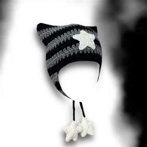 Striped Star Crochet Cat Ear Beanie Hat With Ear Flaps and Puffy Star Strings Kawaii Cute ...