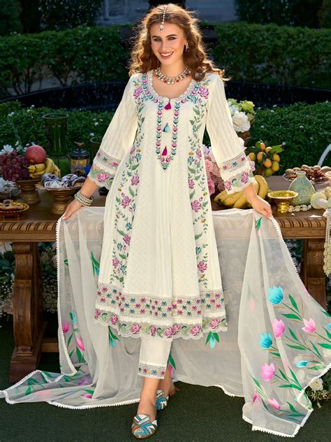 White Embroidered Pure Cotton Anarkali Kurta Sets With Dupatta