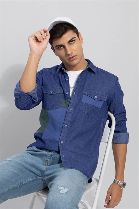 Buy Men's Patch Work Blue Denim Shirt Online | SNITCH