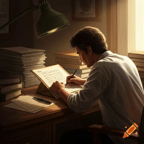 A person writes at a wooden desk, illuminated by a green lamp, surrounded by papers and books ... - someone who writes plays is known as a...