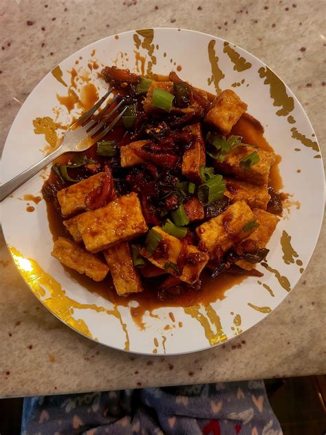 Battered fried tofu in a brown sugar soy sauce. - Dining and Cooking