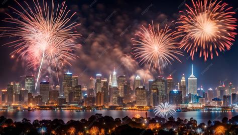 Premium AI Image | A festive city skyline with fireworks lighting up the night sky to welcome ...