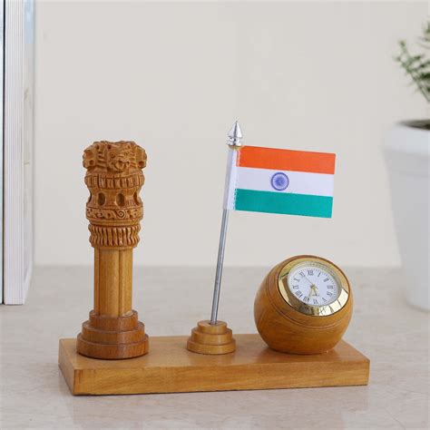 Wooden Stylish Ashoka Stambh Stand with Clock & Flag Elegant Desk Orga ...
