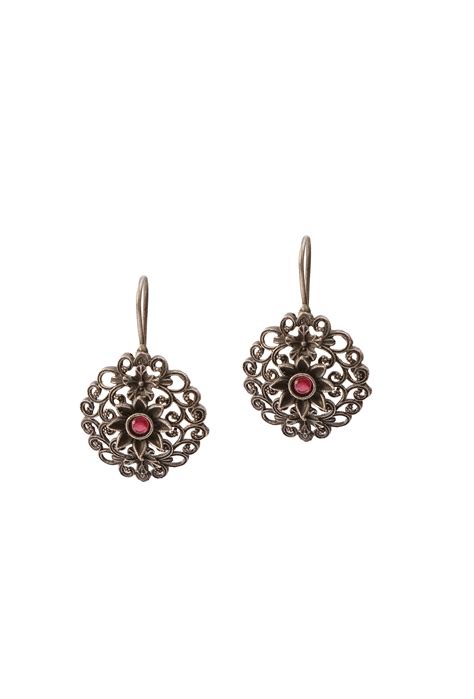 Ruby Blossom: Designer Oxidized German Silver Flower Dangle Earrings ...