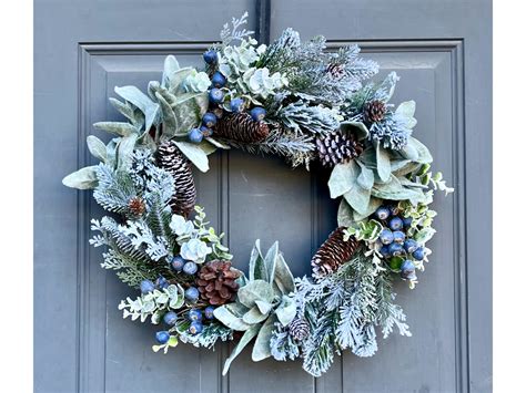 Farmhouse Winter Blueberries Pine and Lamb's Ear Front Door Wreath ...