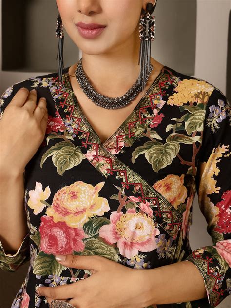 Black Cotton Calf Length Printed V-Neck Anarkali Kurta Suit Set ...