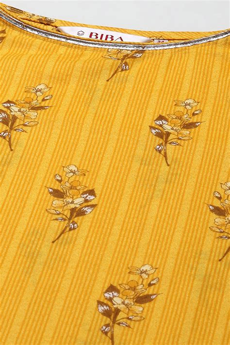 Yellow Cotton Straight Printed Kurta at Biba India
