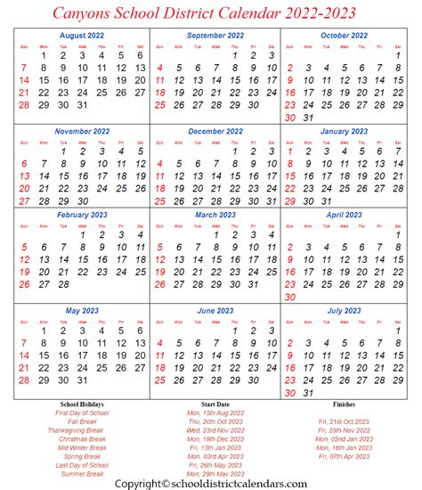 Canyons School District Calendar 2022-2023 With Holidays