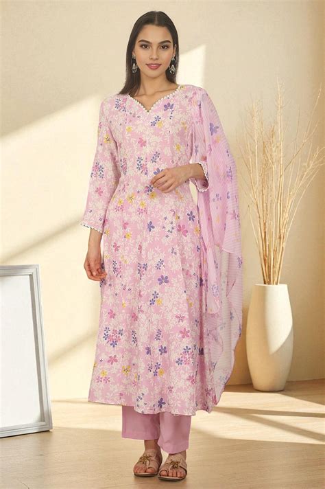 Pink Floral Printed Flared Rayon Kurta, Pants and Dupatta Set – wforwoman