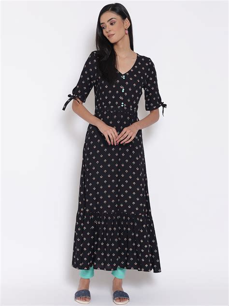 Buy Elleven Women's Black Khadi Printed Liva Dress And Tights Set ...