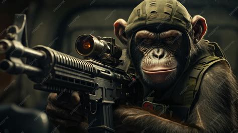 A monkey with a gun that says war on it | Premium AI-generated image