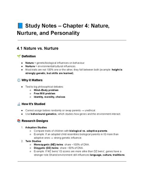 📘 Study Notes – Chapter 4: Nature vs. Nurture in Personality - Studocu