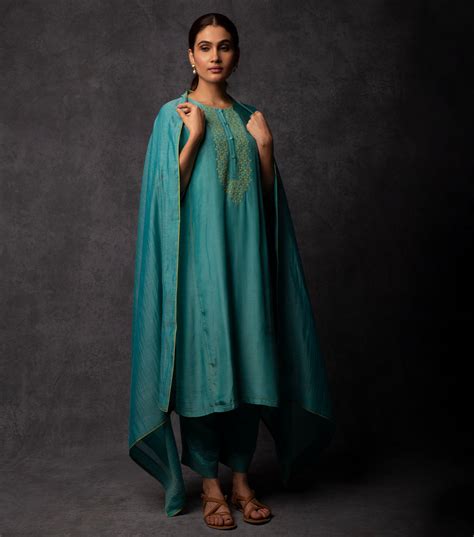 Teal Blue Patch work Embroiderd Muslin Suit Set – Tulsi Online