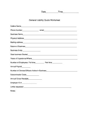 General Liability Quote Worksheet - Fill and Sign Printable Template Online