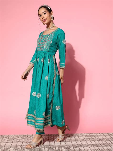Teal Nyra Cut Embroidered Kurta Set With Dupatta
