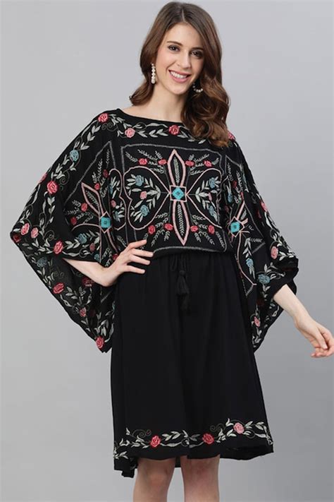 Buy Ishin Black Ethnic Motifs Embroidered Kaftan Dress online-Ishin