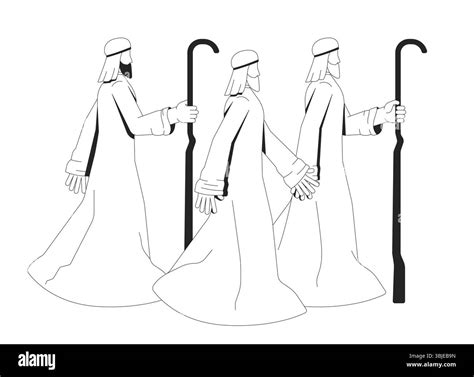 Three shepherds on biblical journey in nativity story 2D line bible ...