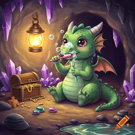 A cute green baby dragon brushes its teeth, blowing bubbles, inside a ...