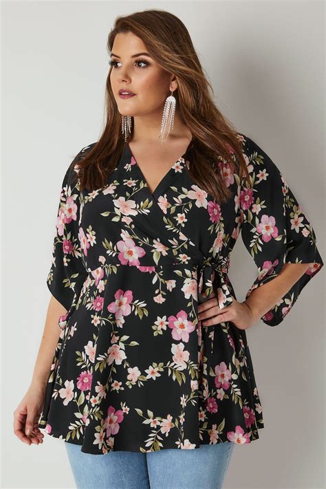 YOURS LONDON Black & Multi Floral Print Wrap Blouse With Kimono Sleeves ...