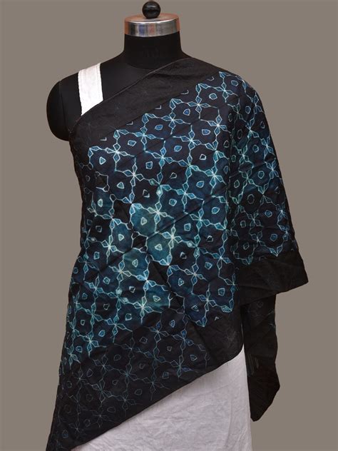 Dark Blue Shibori Silk Handloom Stole with Grill Design ds3105 – Uppada