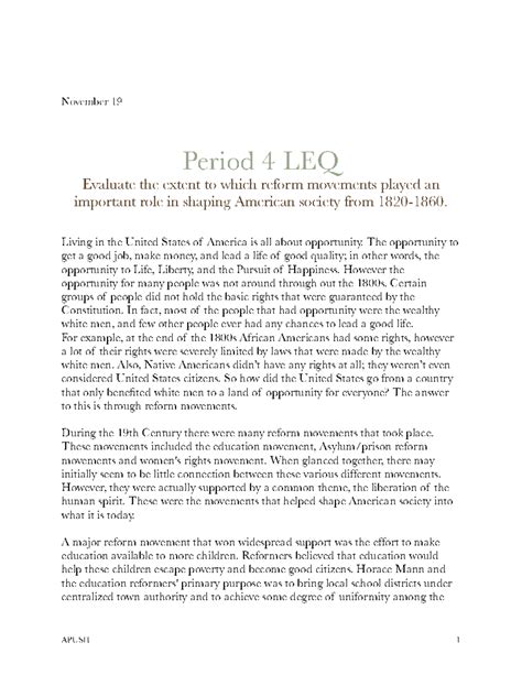 Apush leq - LEQ topic: Evaluate the extent to which reform movements ...