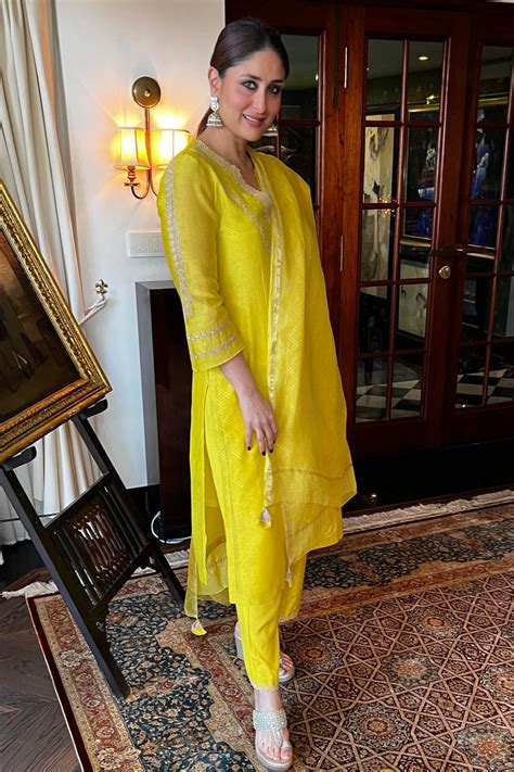 Devnaagri - Kareena Kapoor in Yellow Block Print Embroidered Kurta Set