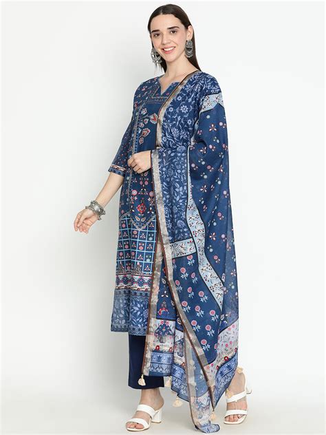 Buy Shingora Blue Floral Printed Notch Neck Stitched Suit Set Online ...