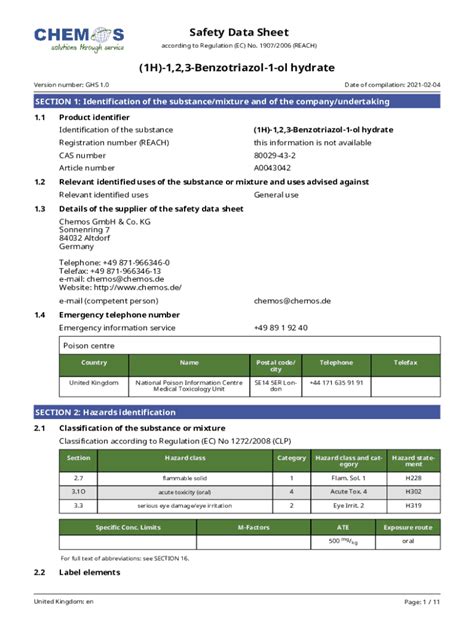 Fillable Online Safety Data Sheet: (1H)-1,2,3-Benzotriazol-1-ol hydrate ...