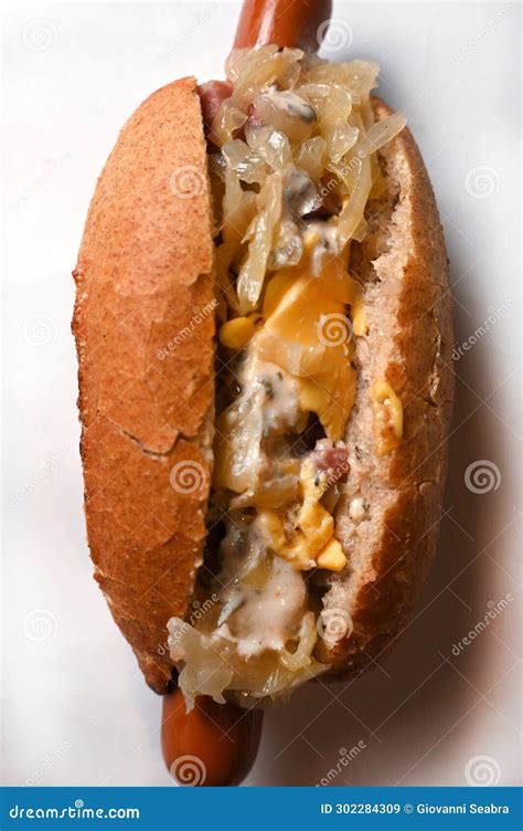 German Hot Dog with Sausage Bread and Sauerkraut Street Food Fast Food ...