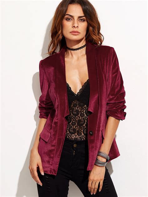 Shop Burgundy One Button Notched Collarless Velvet Blazer online. SheIn ...