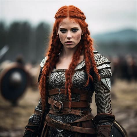 "A Viking girl with long red braids, in armor, on the battlefield" — image created in Shedevrum