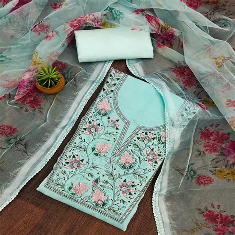 Blue Floral Sequins Embroidered Cotton Silk Dress Material