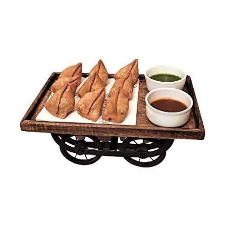 Buy Simran Handicrafts Wood Serving Tray with Moveable Wheels - Brown ...