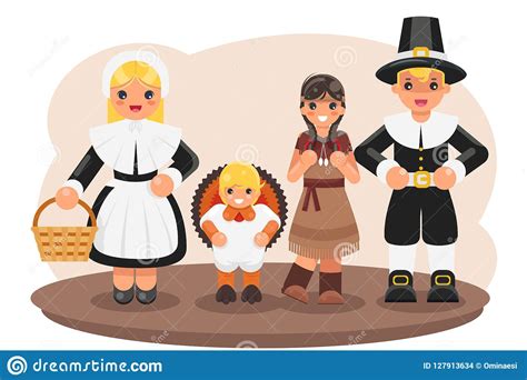 Thanksgiving Children Turkey Pilgrim Indian Costumes Cartoon Flat ...
